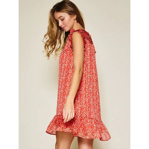 Coral Sleeveless Shimmer Ruffle Floral Dress - Picture 2 of 4